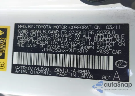 2011 Lexus Ct 200H Premium from USA, damaged, VIN JTHKD5BHXB2019819